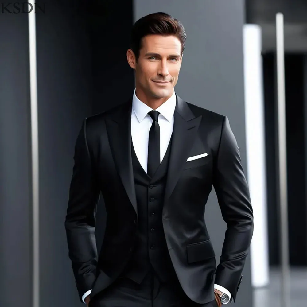 

KSDN High Quality Black Men's Suits 2025 Formal Wedding Single Breasted Peak Lapel Slim Fit 3 Piece Jacket Pants Vest Costume