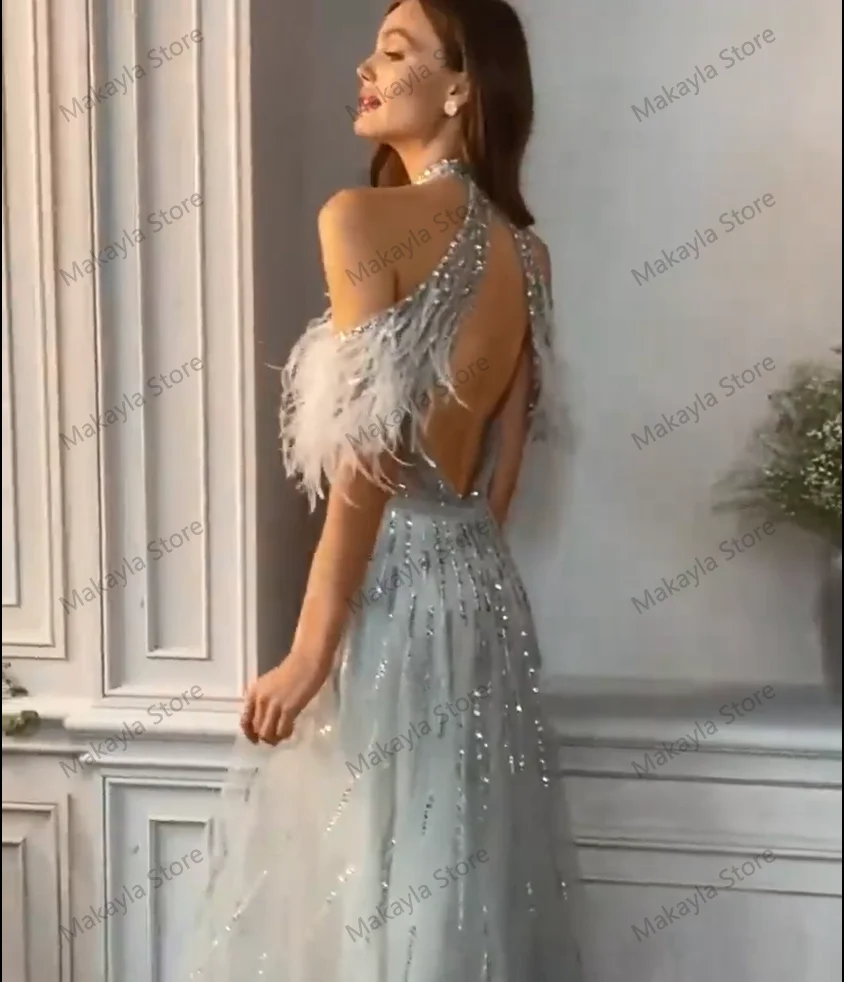 Elegant Long Prom Dresses Luxury Halter Feathers Cap Sleeves Sequin Shiny Tulle A-line Women Formal Evening Party Gowns Custom