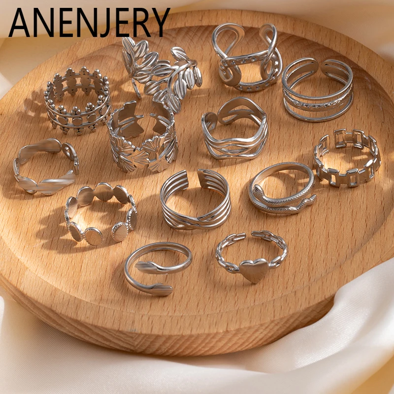 ANENJERY 316L Stainless Steel Leaf Wide Crossed Wires Open Ring for Women Men Personality Jewelry Wholesale