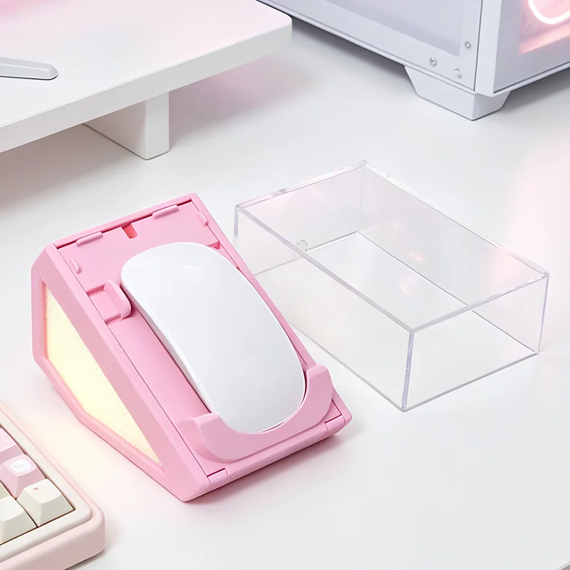 Pink Mouse Storage Box With Light Transparent Display Dustproof Box Suitable For Full-size Gaming Mouse Accessories And Gifts