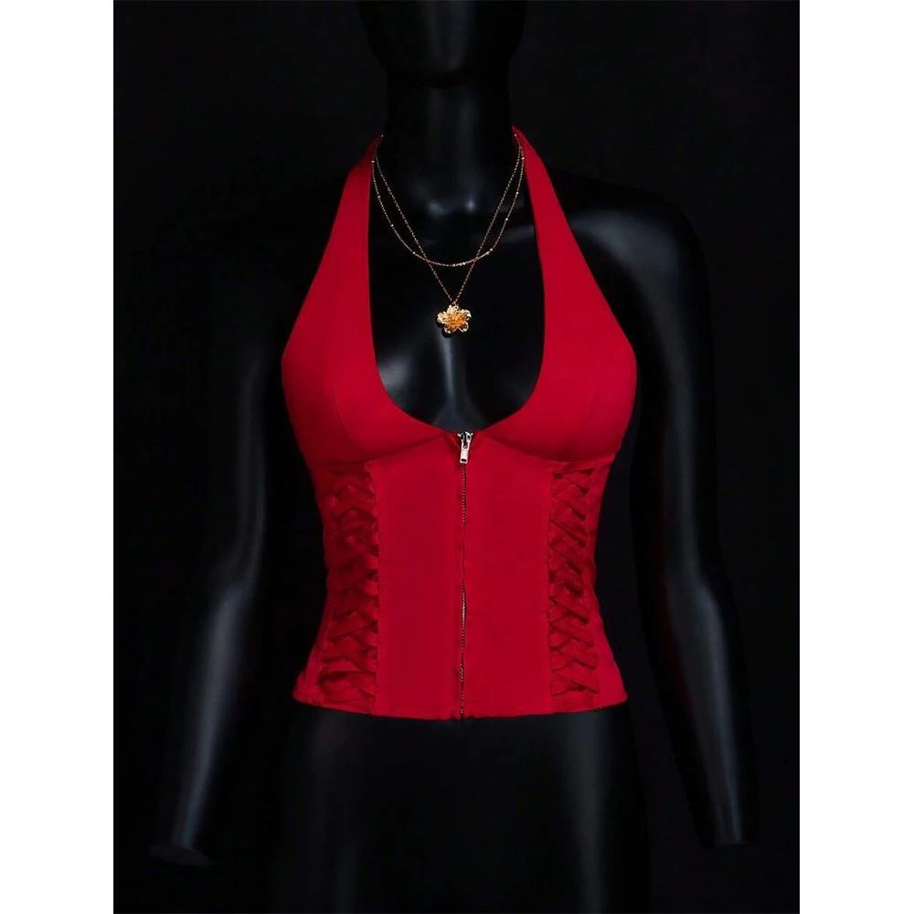 

Tight vest Gothic bloodthirsty vest vest heavy industry middle zipper elegant side waist tie waist slim Y2K dark girl vest femal