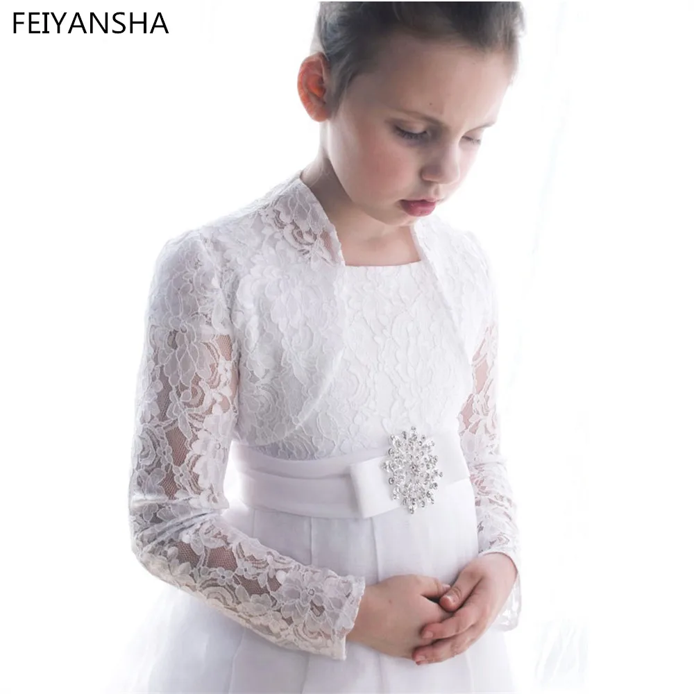 White Lace Primeira Comunhão Vestidos para Meninas, Flower Girl Vestidos de casamento com jaqueta, Pageant Vestidos, Novo