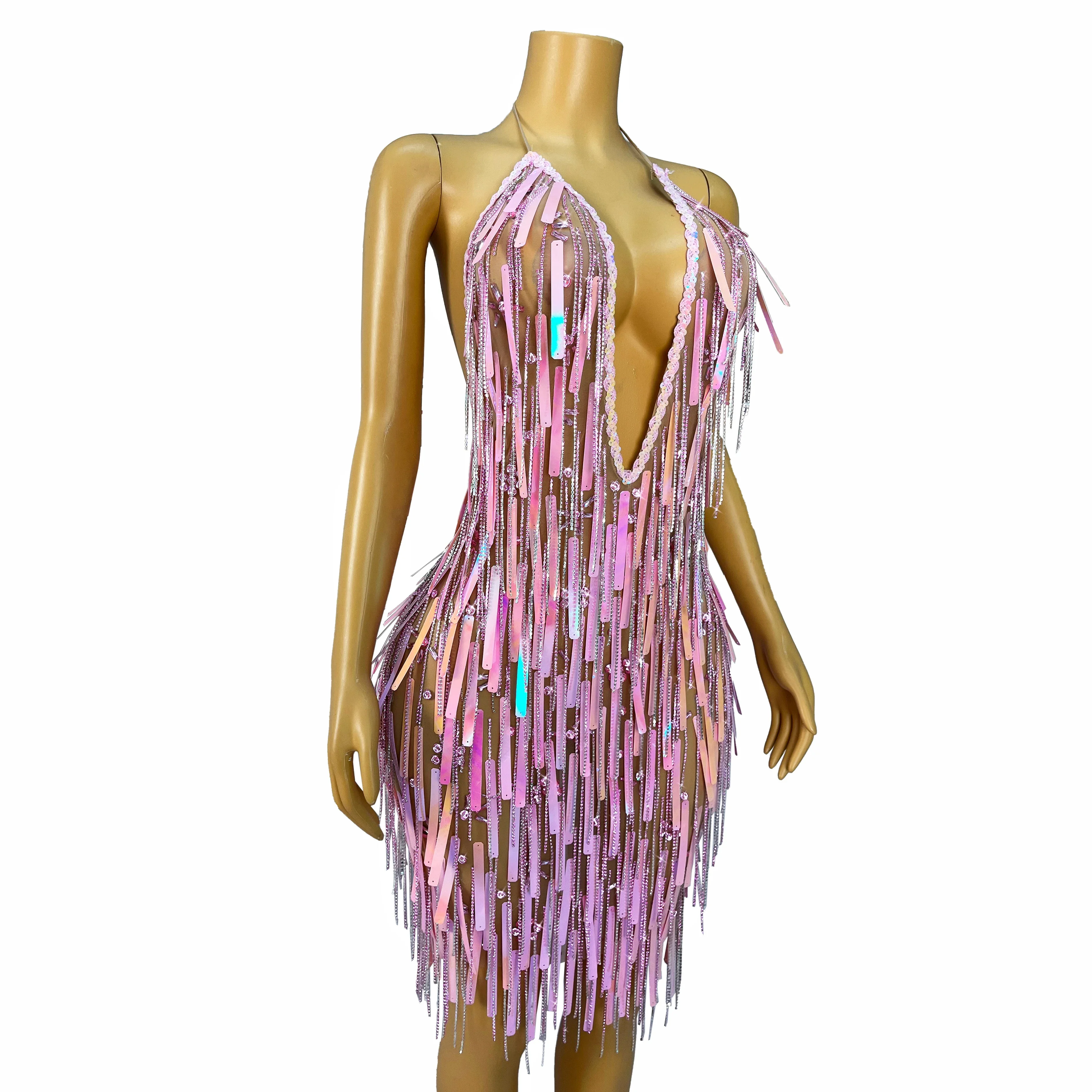 Birthday Evening Show Sexy Costume Handmade Flashing AB Pink Sequins Rhinestones Crystals Fringes Bandage Dress