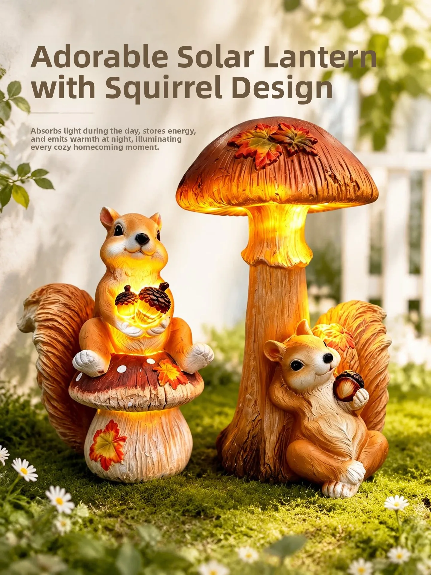 Solar Powered Squirrel Holding Nut Sitting Mushroom Outdoor Garden Decorative Ornaments Cute Animal Themed Home Accessories