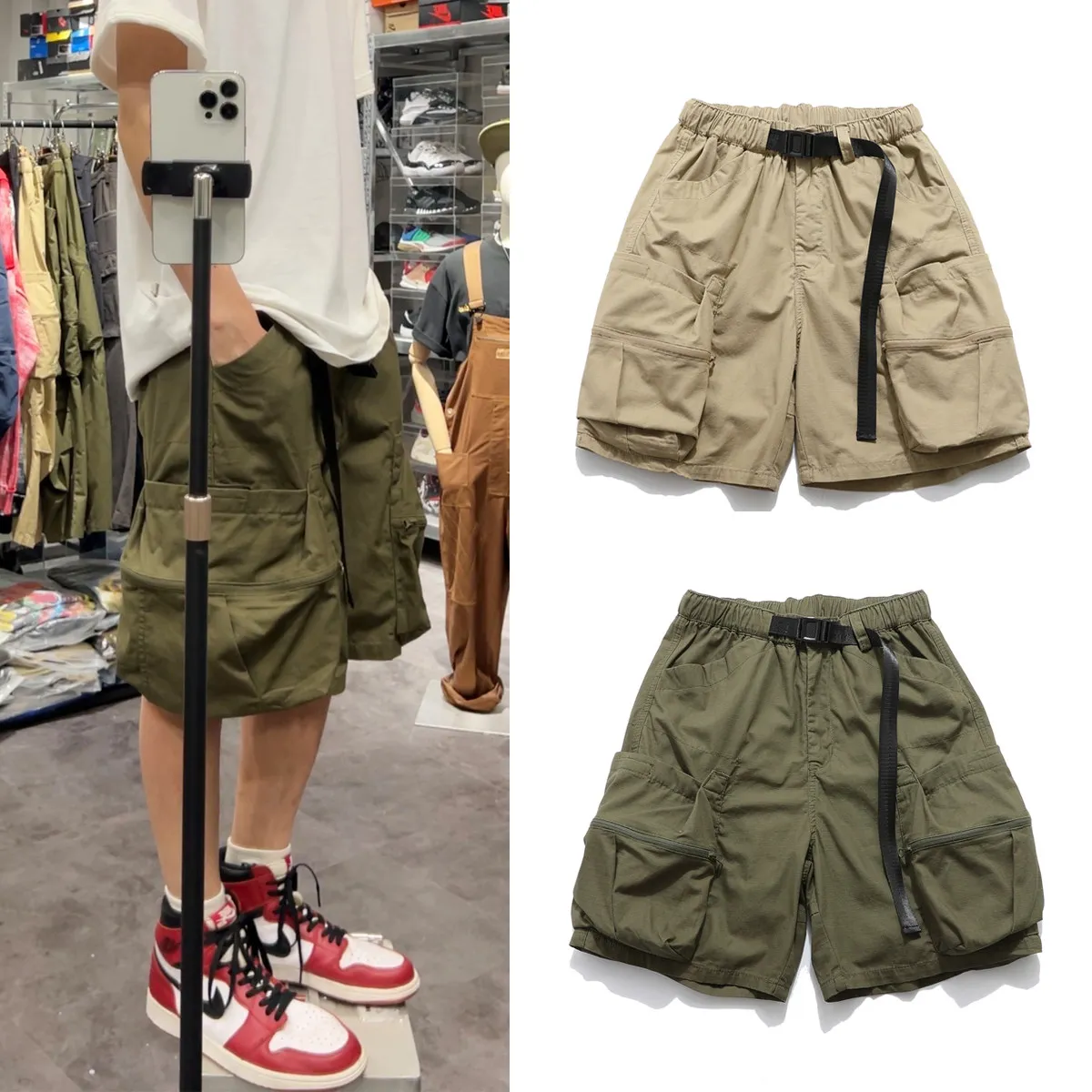 Amekaji Wear Summer New Japanese Style Pocket Loose Xishan Che Shorts Neutral Overalls Middle Pants Men and Women