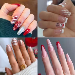 Christmas Press on False Nails Snow Print Fashion Tip Fake Nail 24 Pcs/Set Women Stick on Nail Art Acrylic Red & White Nails