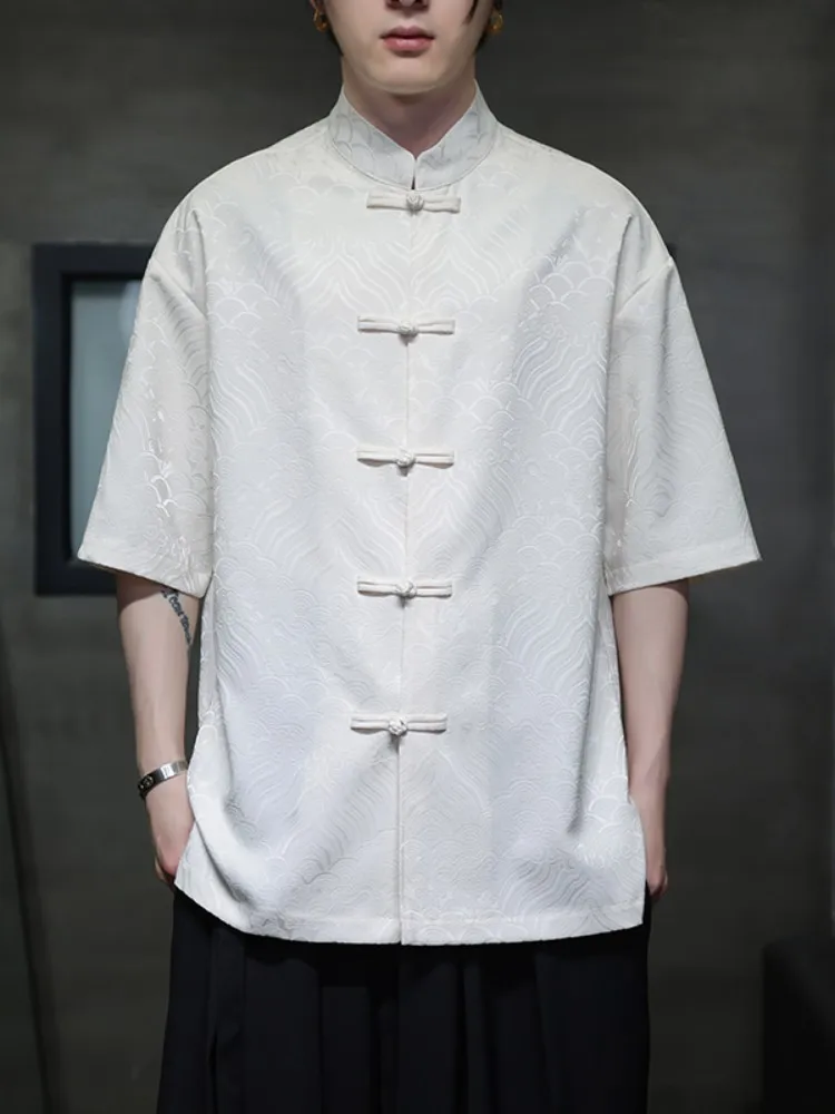

Ice Silk Men's Shirt Short Sleeve Loose Thin Summer Fashion Retro Tang Costume Modified Hanfu Large Size Half Sleeve Shirt