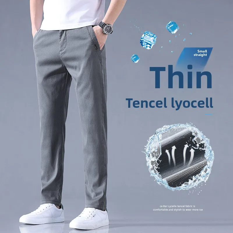

Ultra-thin Elastic Men's Casual Trousers Summer Quick-drying Lyocel Slim Straight Business Solid Color Trousers Black Gray