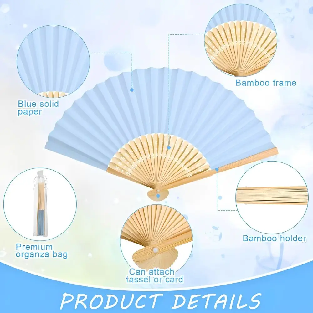 30/60pcs Light Blue DIY Blank Paper Folding Fans Gift Pouches with Bow Tags Beach Wedding Guest Giveaways YMY view 6