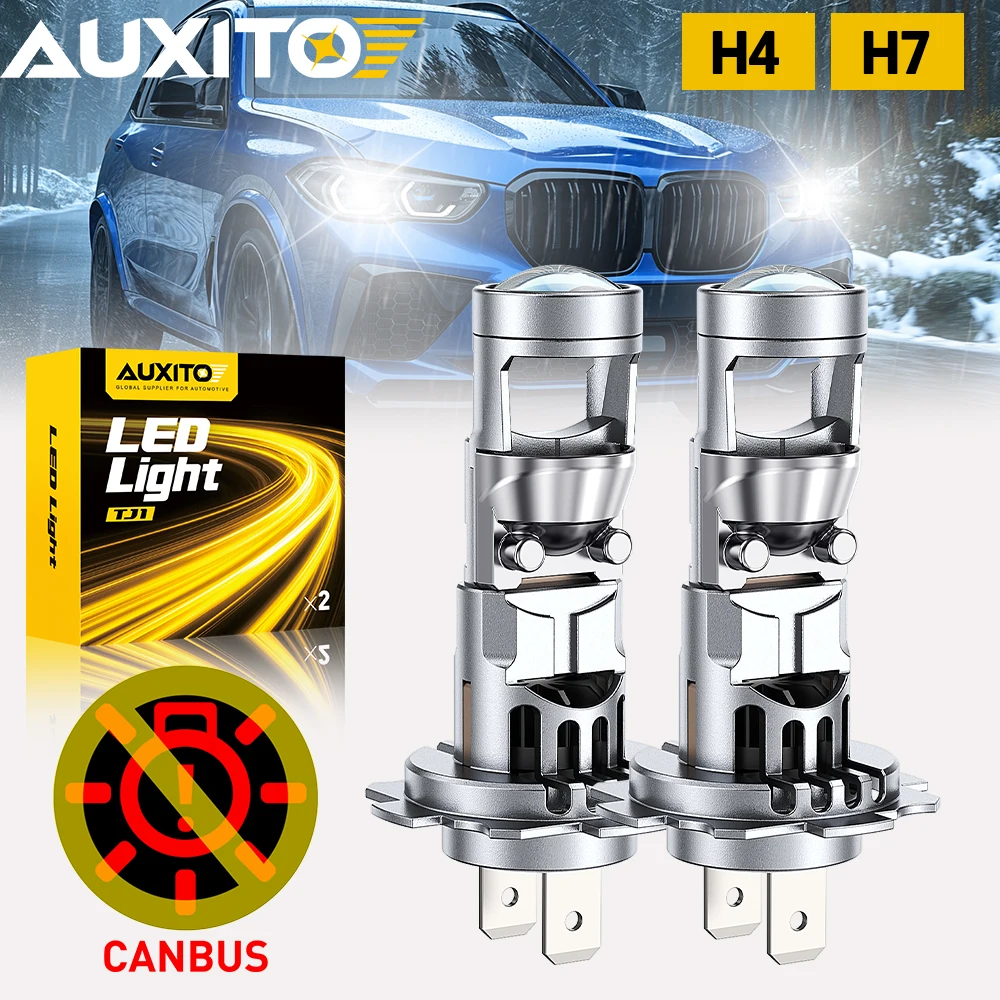 2Pcs AUXITO H4/H7 LED Spotlights Turbo Headlight Canbus White Projector Lamp with Lens High Low Beam Left Hand Drive 12V 20000LM