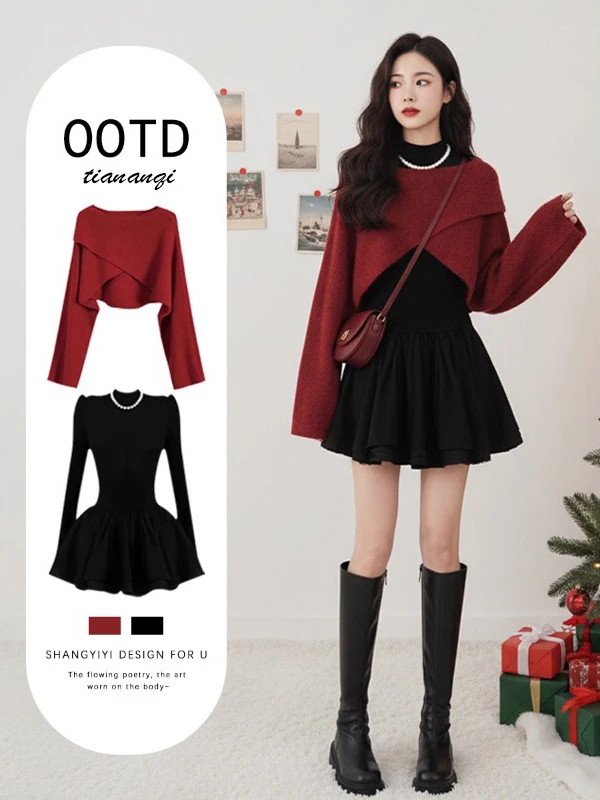 

Red ort Knitted Sweater And Slimming Dr Two-Piece Set for Women Cisas Theme Autumn Winter Faion Korean Sle Waist...