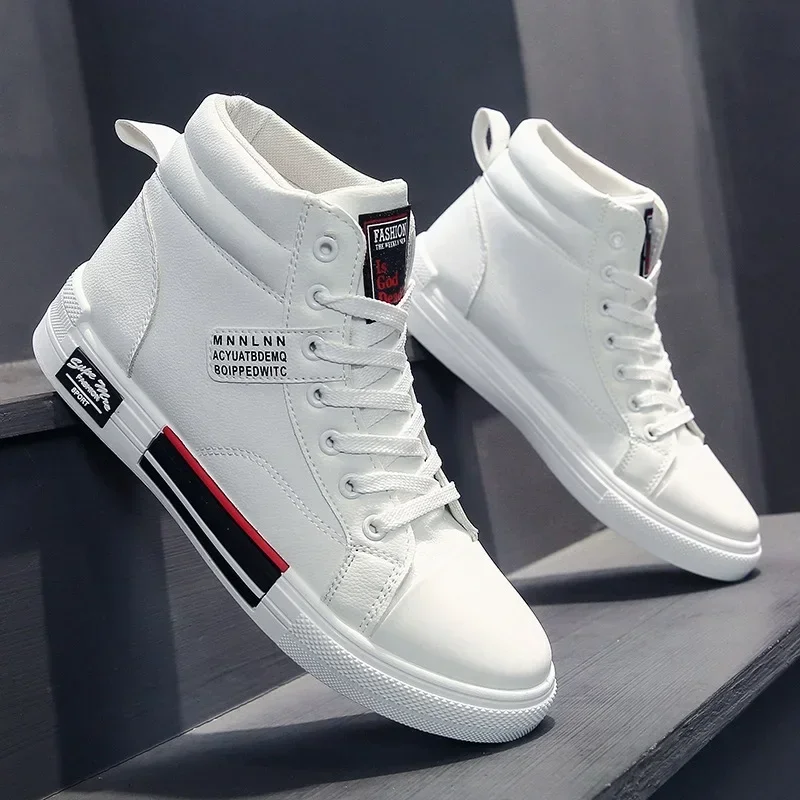 Men's Sneakers Fashion High-Top Leather Casual Shoes for Men Laced Ankle Boots Winter Plush Warm Cotton Shoes