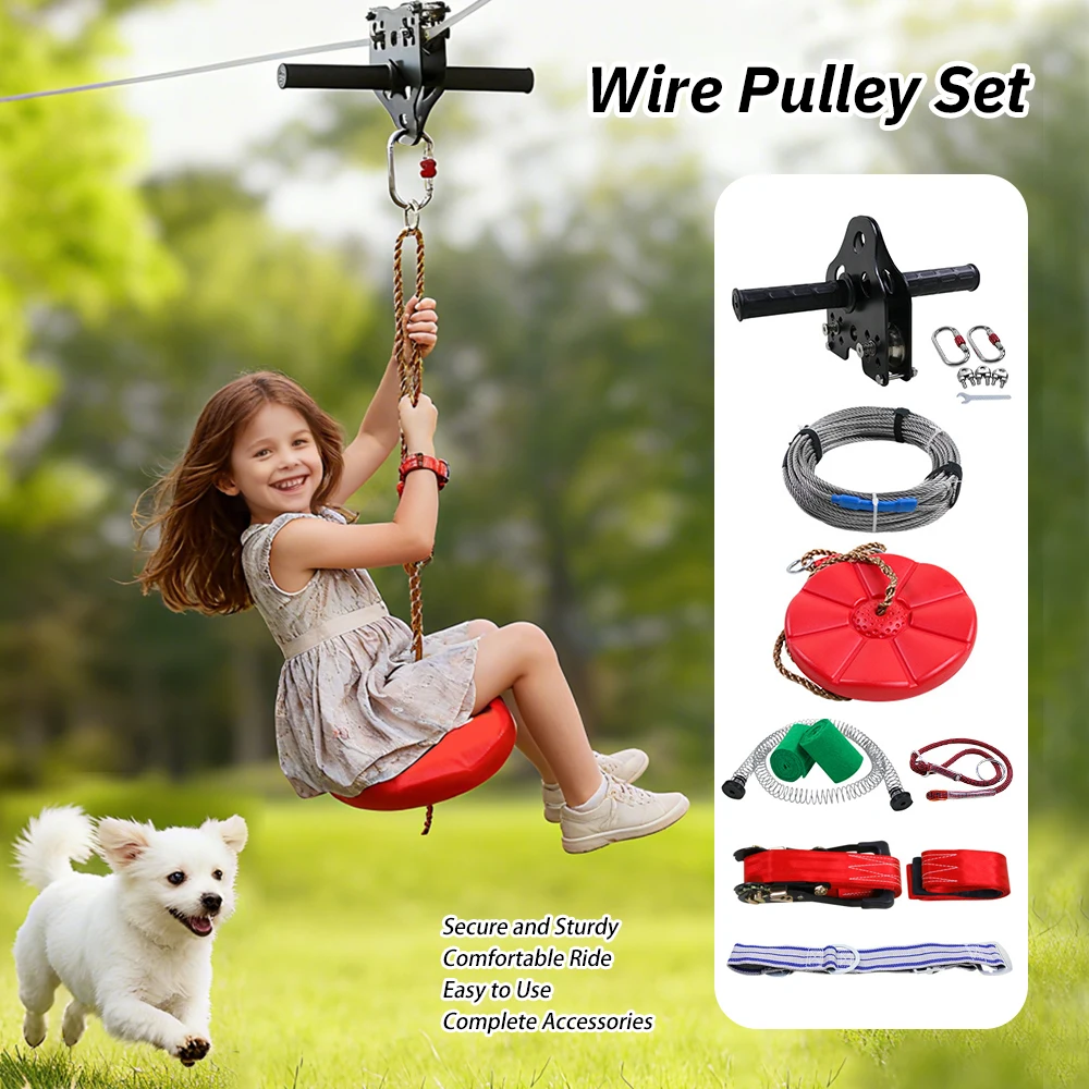 

Kids Zip Line Kit Outdoor Zip Line Set Safe Zip Line Swing for Children with Steel Wire Rope Pulley Safety Belt