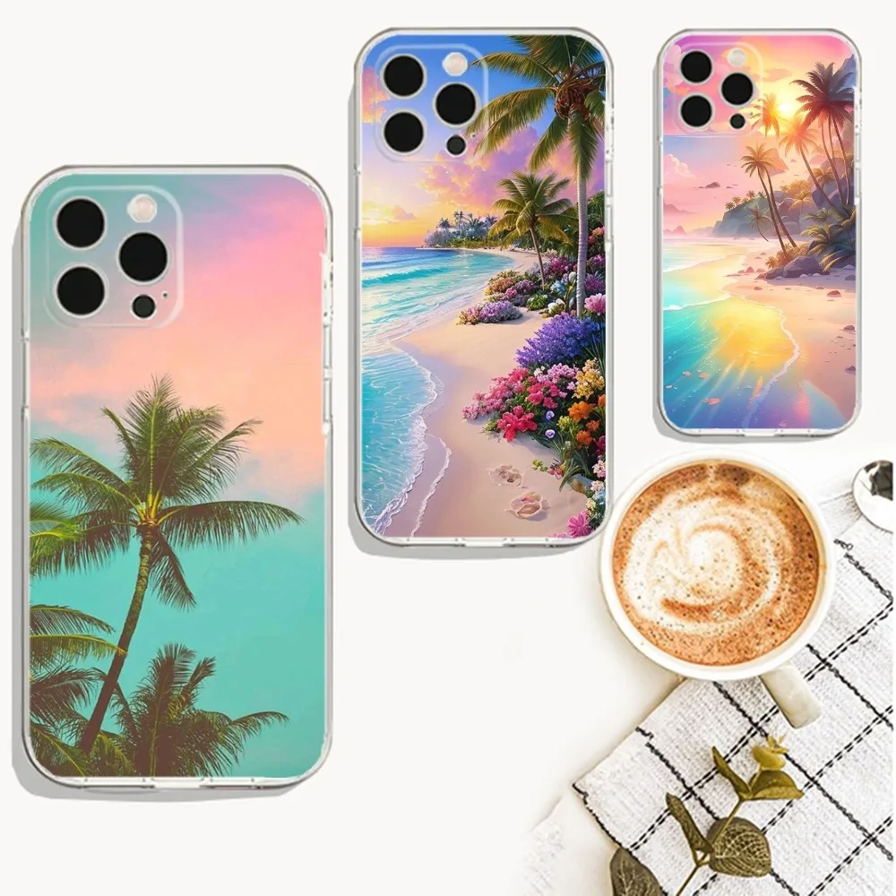 Summer Beach Sunset Phone Case For iPhone Apple 15,14,13,12,Mini,11,Pro,Max,Plus,X,XR,XS,8,SE,2020,Plus Transparent Cover