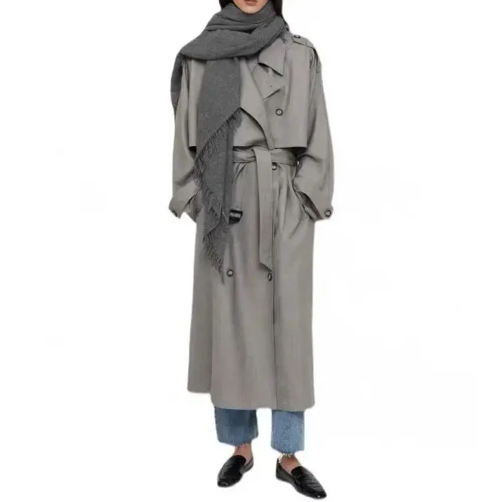 Women's Oversize Wool Trench Coat, Turn-down Collar, Loose Full Sleeve, Gray Color, Turn-down Collar, Winter