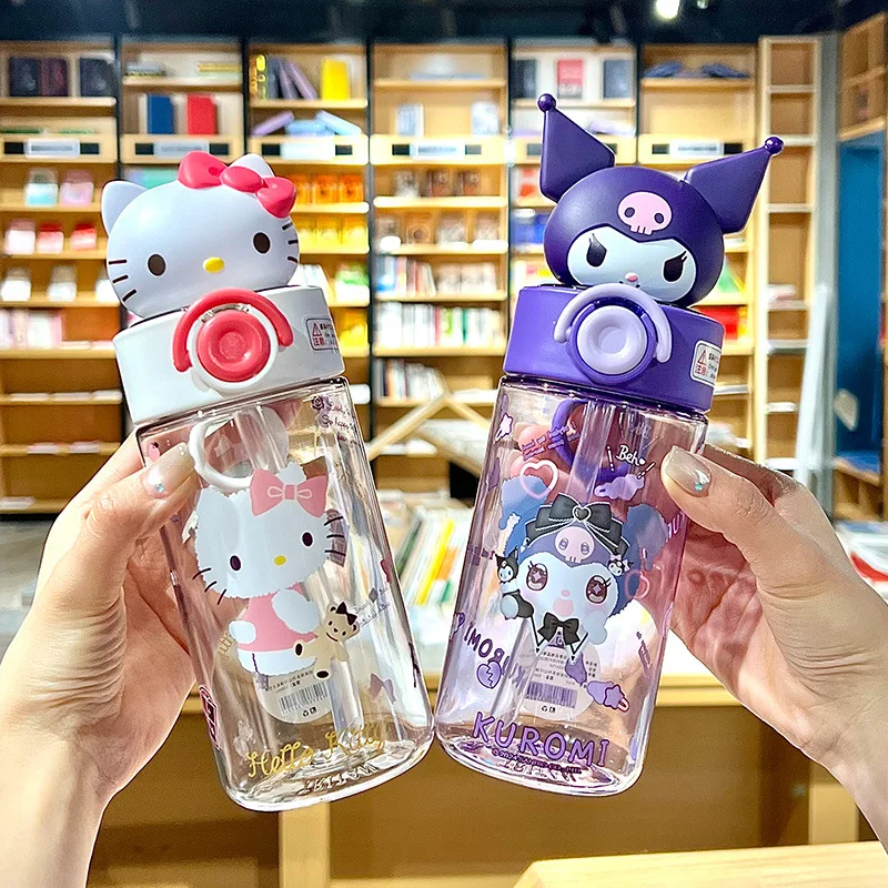 

500 мл соломенная чашка Sanrio Hellokitty Kuromi Cinnamoroll, бутылка для воды с ремешком, милая мультяшная герметичная портативная чашка для девочек