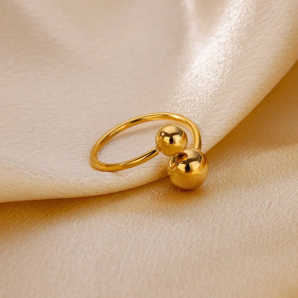 Stainless Steel Double-layer Beads Rings for Women Gold Plated Geometric Ball Bead Open Ring Waterproof Aesthetic Punk Jewelry image 5