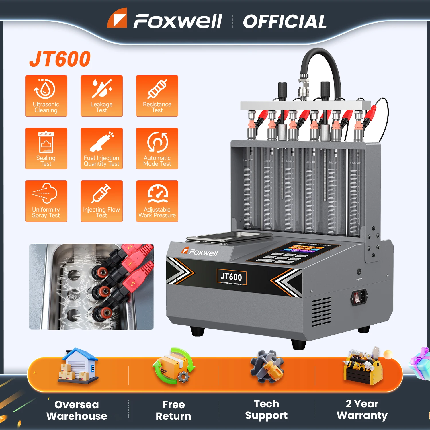 

FOXWELL JT600 Injector Cleaner Tester Machine for GDI, EFI, FSI 12V/70V/180V Select 6 Cylinder Ultrasonic Fuel Injection Cleaner