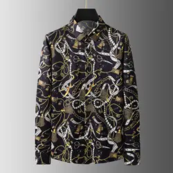 Brand Luxury Chain Printed Shirt for Men Vintage Long Sleeve Casual Shirts Slim Fit Business Social  Party Tuxedo Blouse 2023