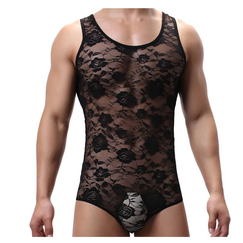 Sexy Men Lingerie Strap Style One-Piece Boxer U-Shaped Convex Pouch Design Transparent Jumpsuits Floral Lace Sexy Bodysuit
