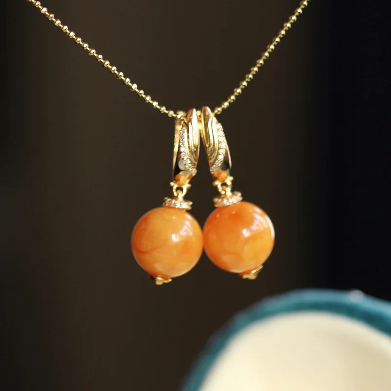Russian Vintage Round Bead Earrings, S925 Silver Inlaid With Floral Honey Amber Ear Clasps