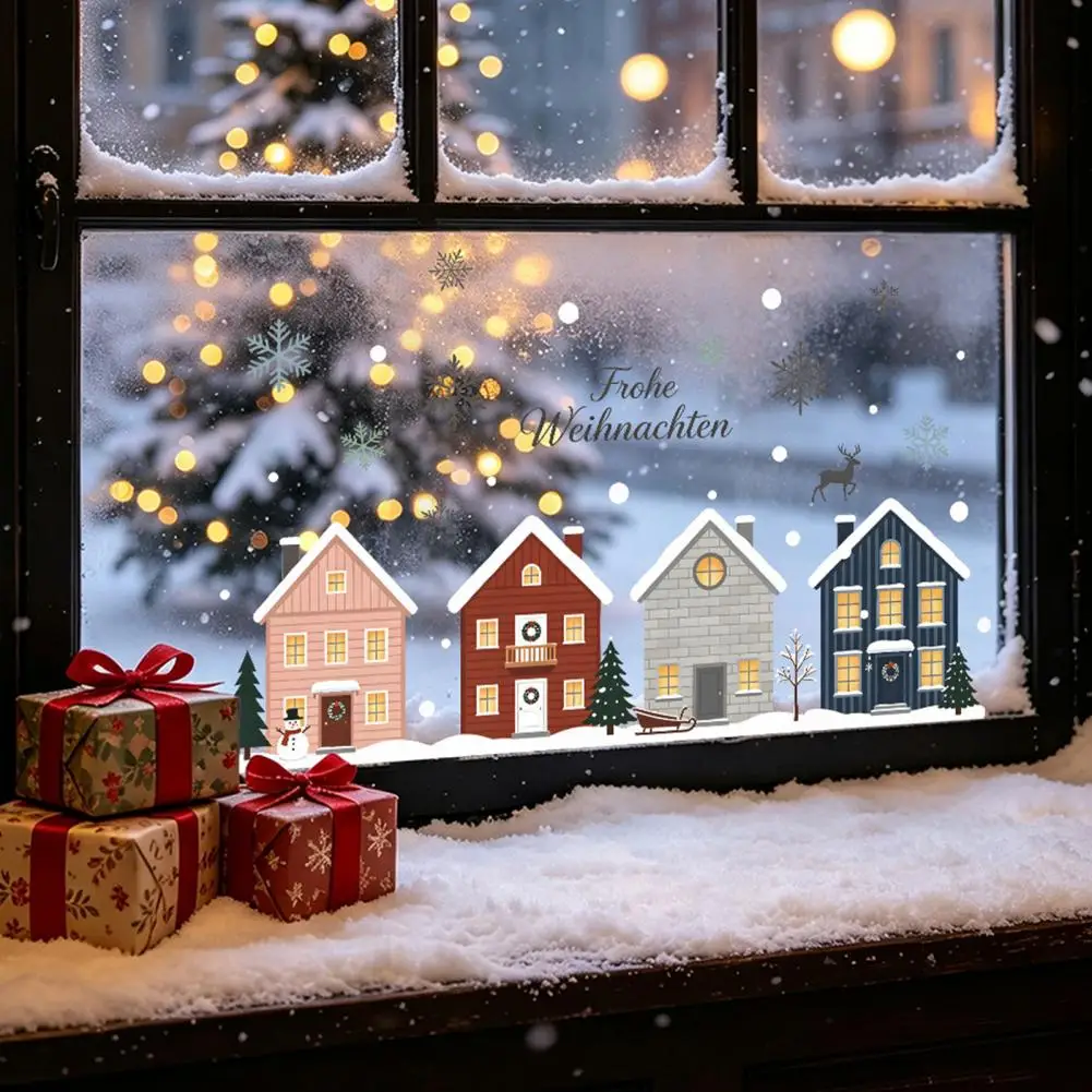 Autocollants statiques pour vitres, décorations saisonnières pour fenêtres, 2 pièces, motifs maison enneigée de Noël, flocons de neige et cerfs, réutilisables, pour la maison