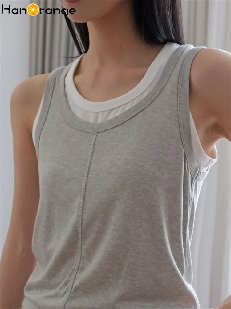 HanOrange 2025 Summer Simple Double Layer Splicing Wool Tank Top Women Slim Fit Elastic Sleeveless Top Light Gray/Dark Gray