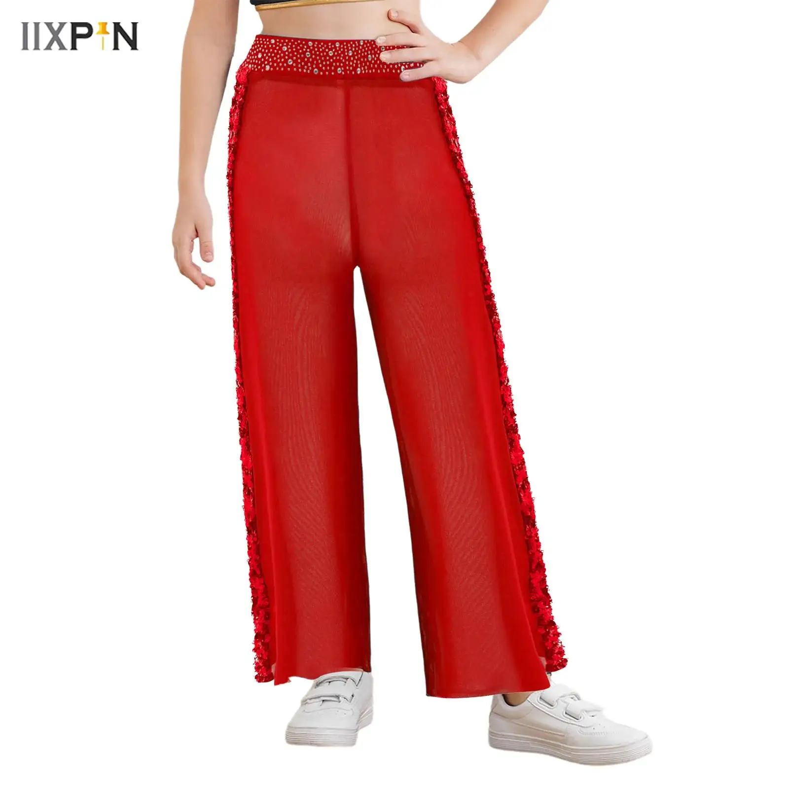

Kids Girls Figure Skating Modern Dance Pants Sequins Sheer Mesh Pants Shiny Rhinestones Elastic Waistband Wide-Leg Trousers