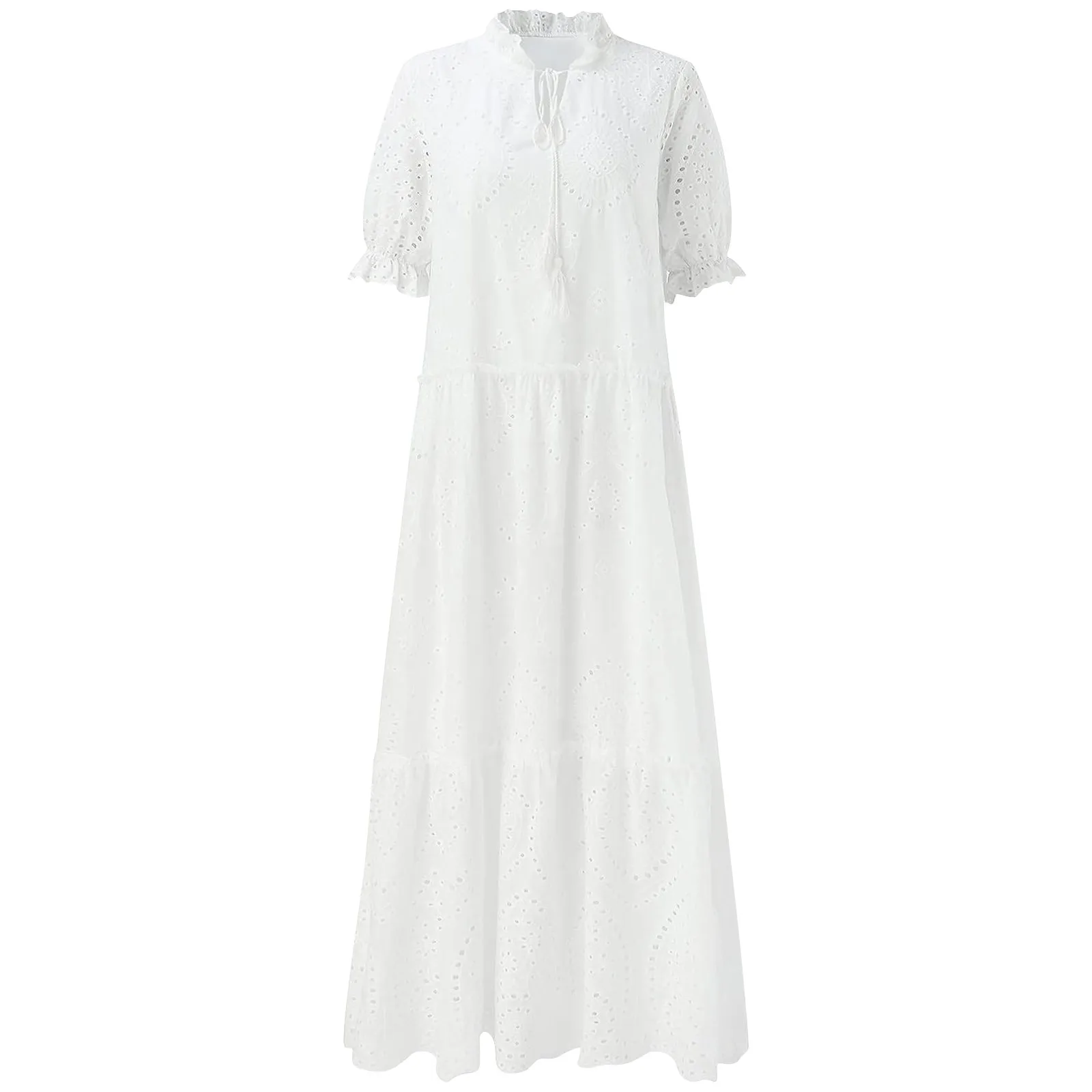 Robe longue en dentelle blanche pour femmes, tenue décontractée, surdimensionnée, à lacets, col en V, ajourée, de plage, style boho, maxi