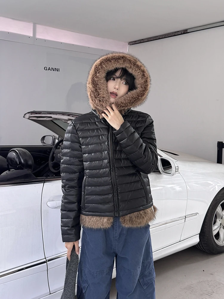 

URKR Detachable Fur Collar Women's down Jaet Thi Du Feather Warm ort Sle American Sle Zipper Closure Long Sve