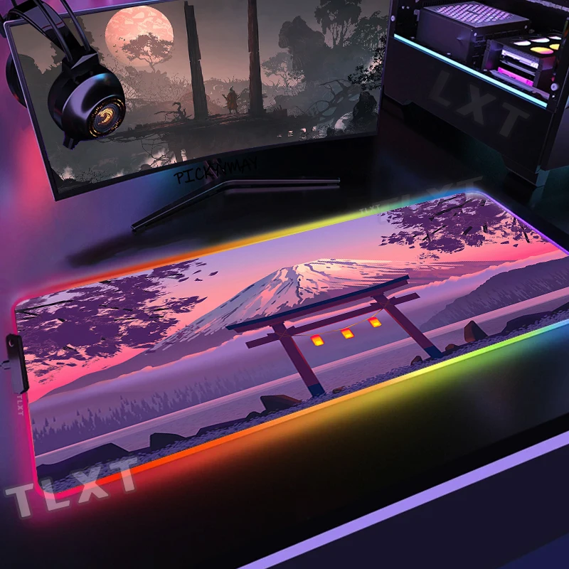 Japanese Art Large RGB Mouse Pad Gaming Mousepads LED Mouse Mat Gamer Desk Mats Rubber Table Rug With Backlit Torii Desk Pads