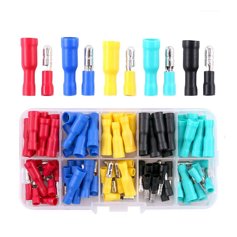 

100pcs Brass Bullet Terminals 22-16 AWG Crimp Connectors Kit - 50 Pairs Insulated Female Male Quick Splice Butt Wire Set