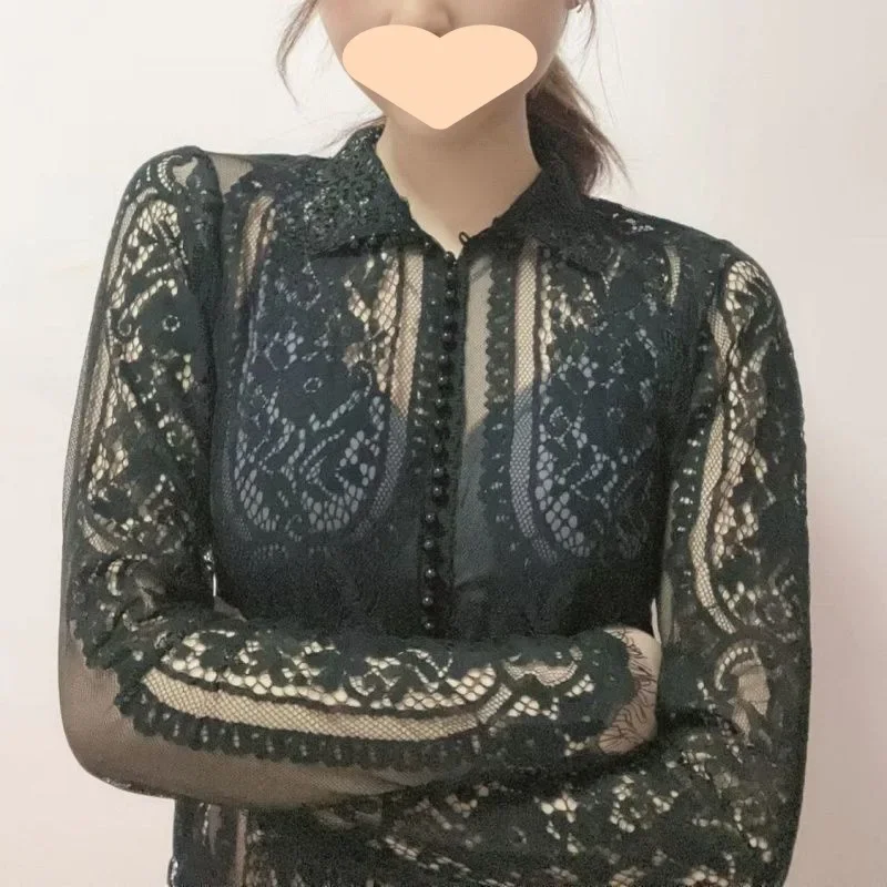 Sexy top for women 2024 new spring slimming lace pearl thin cardigan high neck base shirt  chemise femme  blusa victoriana