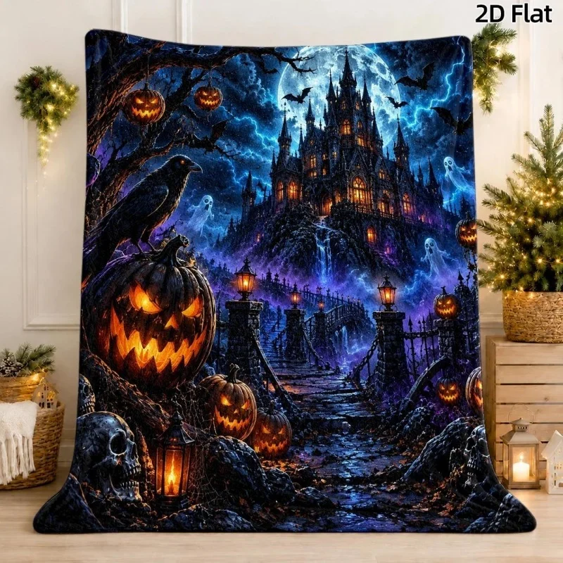Halloween Castle Pumpkin Bat Flannel Throw Blanket, Dark Gothic Moon Leaf Print Soft Warm Blanket for Sofa Bed Home Decor