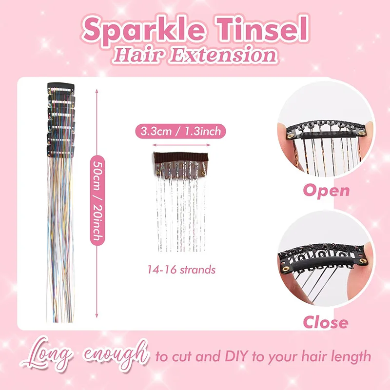 Synthetic laser gold wire 12 pieces/box tinsel hair colorful shiny gold and silver wire gift box BB clip single card wig
