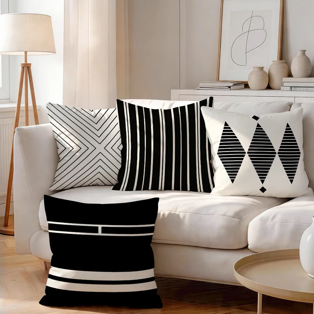 1/4pcs Black--White Geometric Lines Cushions Pillowcase Polyester Cushion Cover Throw Pillow Pillowcover Home Car Sofa Decor