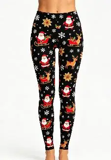 Women Mid‑Rise Fleece Lined Leggings, Christmas Santa Reindeer Snowflake Ethnic Knit Print Slim Stretch Holiday Pants