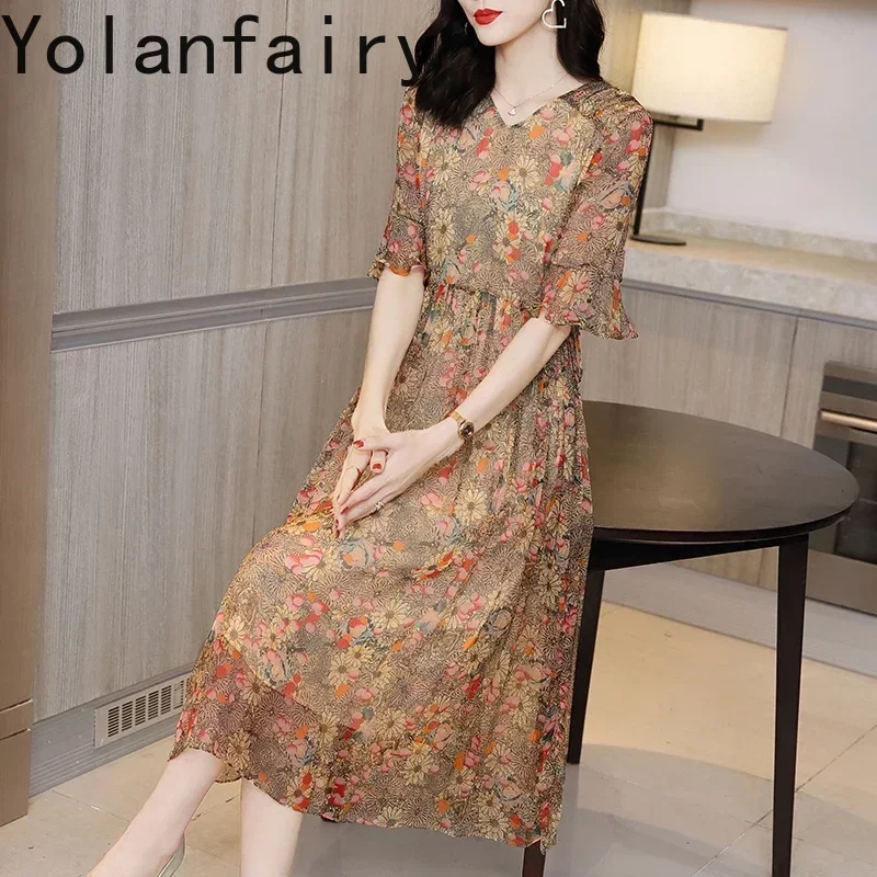 

100% Real Silk Female High Waist Dresses Summer Wiomen's Long Dress Slim Elegant Vintage Dress Ladies Kobieta Sukienka Zjt2602