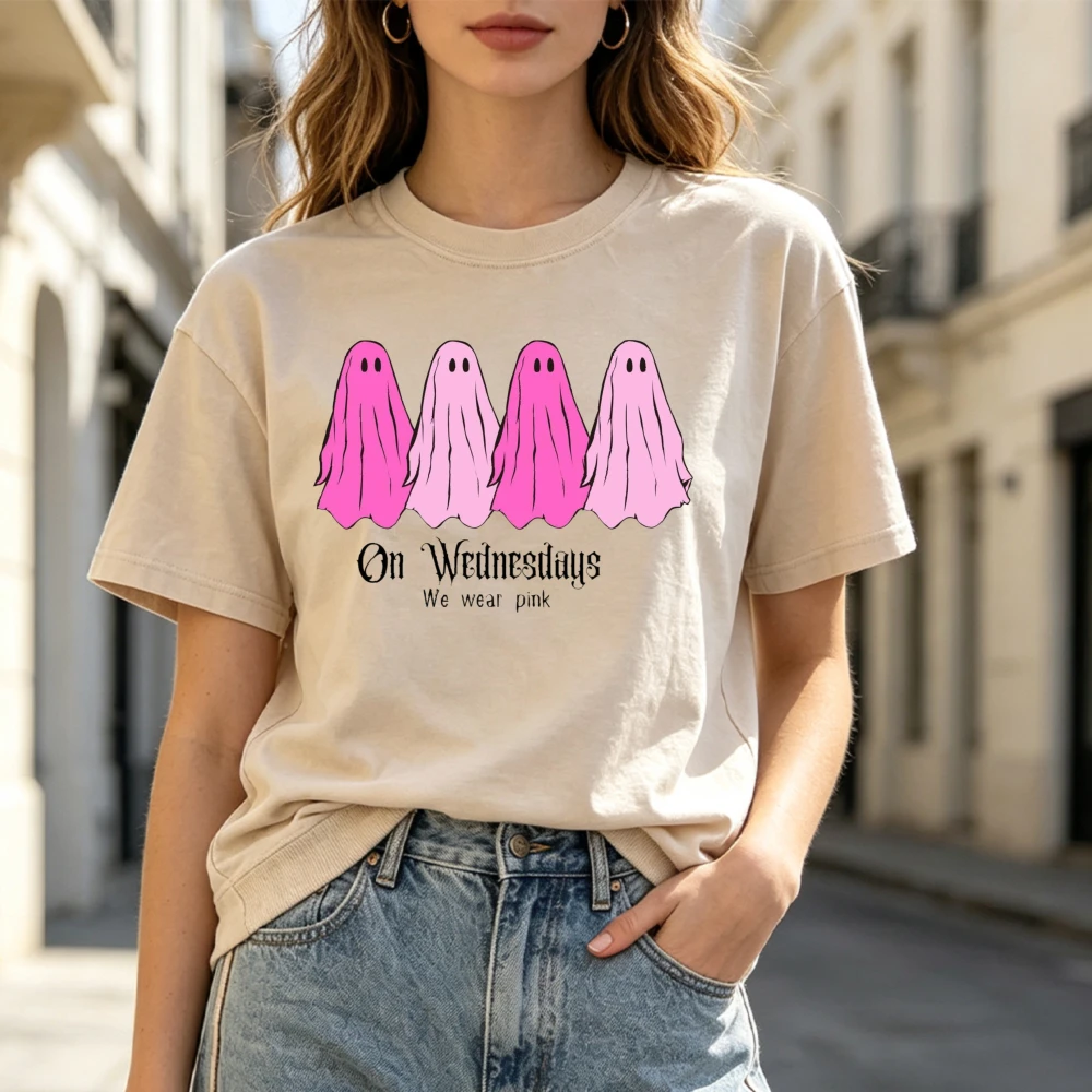 On Wednesdays We Wear Pink Spooky Ghosts Art Ladies Autumn Fall T‑Shirt Halloween Inspirational Breast Cancer Memento Y2k Top