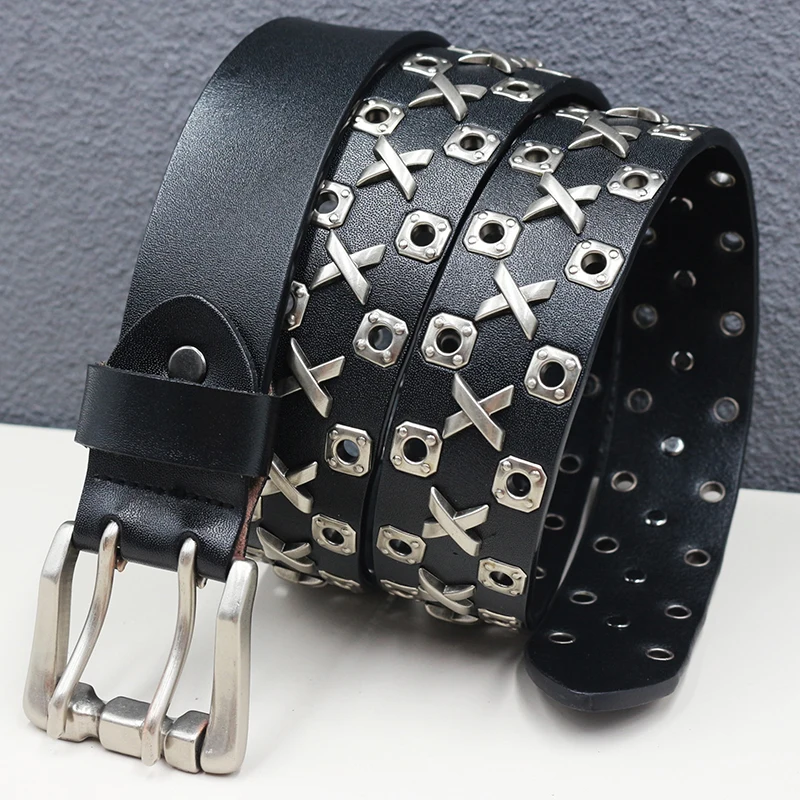 メンズカジュアルヒップホップロックリベットベルトダブルピンバックルスタッズベルト黒トレンディなソフトレザーウエストバンド女性デザイナーストラップオン