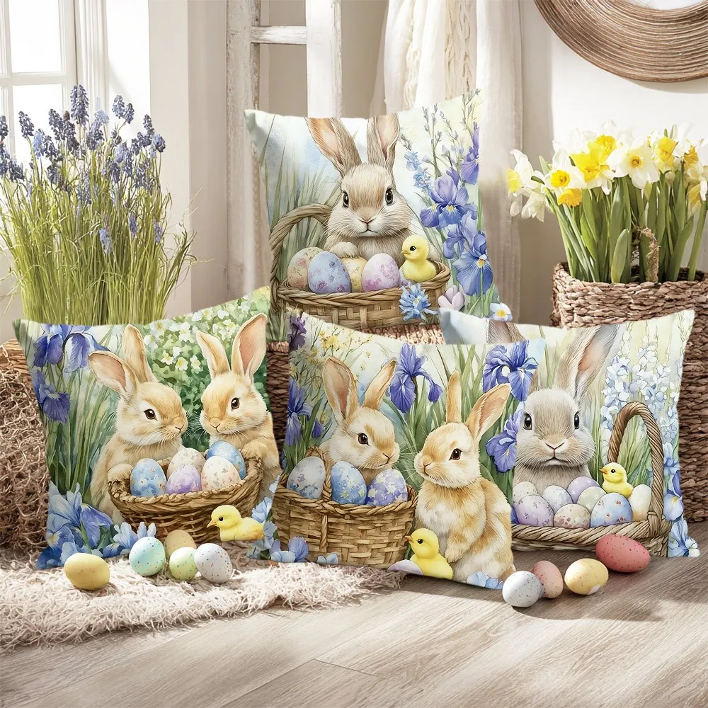 4 fundas  cojín  Pascua con conejos y huevos florales  primavera - Colores, fundas con cremallera acuadas para sofá, cam