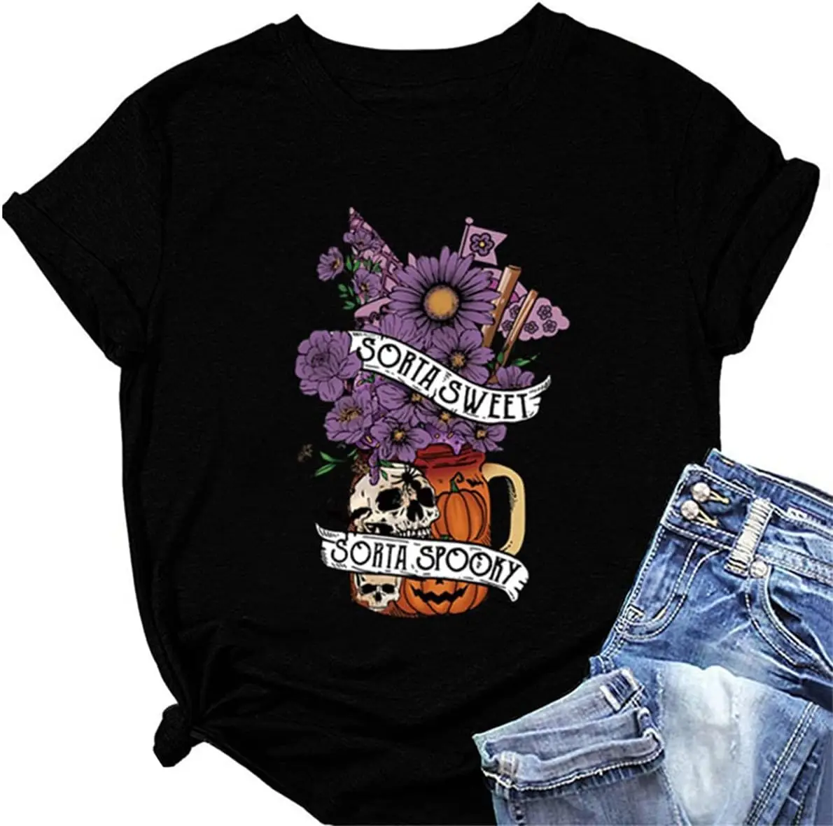 Sorta Sweet Sorta Spooky Tees Shirts Women Halloween Tops Funny Purple Daisy Pumpkin Cups Skull Graphic T Shirt