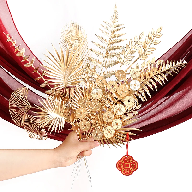 2/5Pcs Gold Artificial Flowers Bouquet for Home Room Decor New Year Christmas Party Supplies 2023 Decoration Fake Plant Ornament