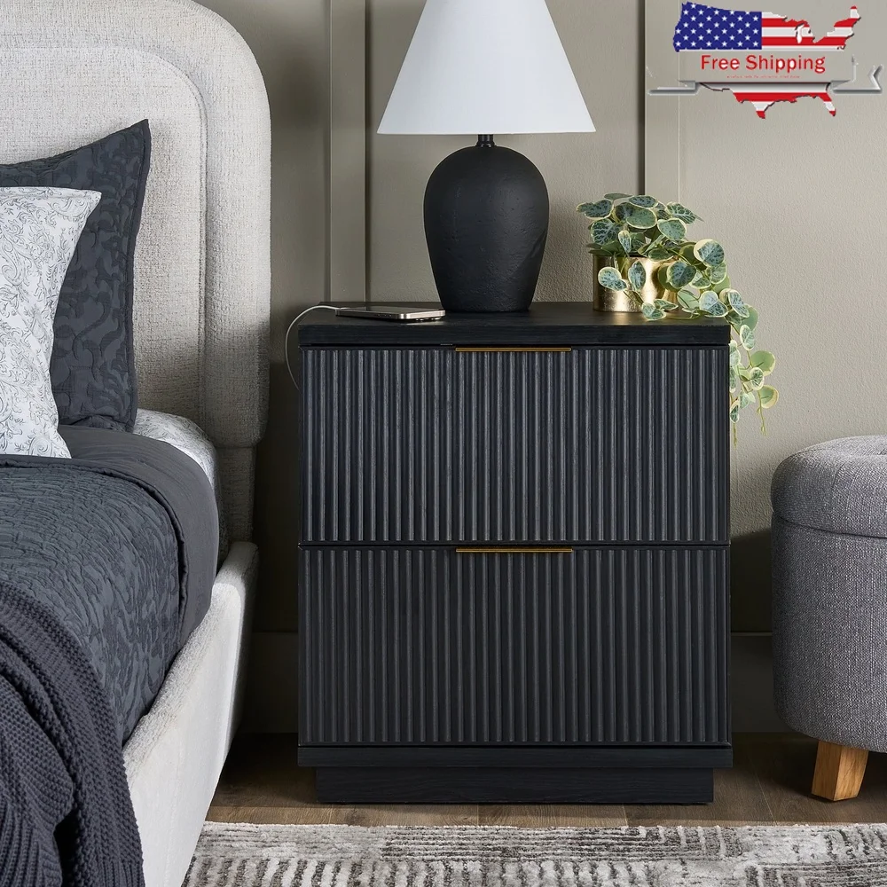 

Fluted Nightstand with USB Charging Two Drawer Storage Elegant Black Finish Modern Bedroom Furniture MDF Construction