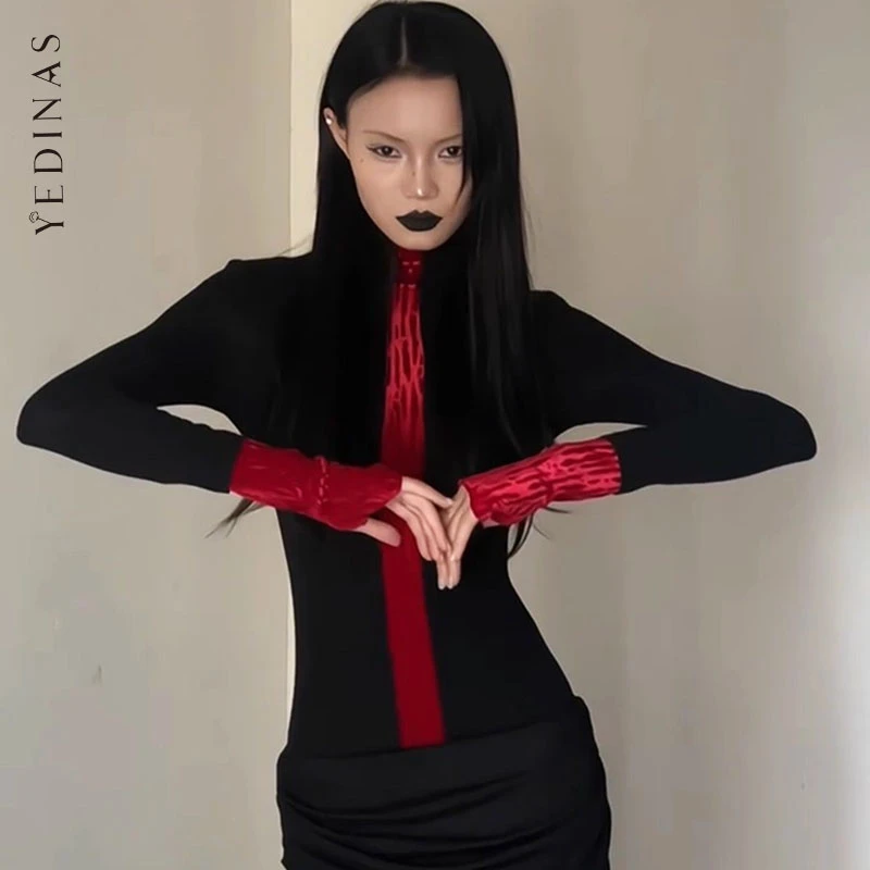 Yedinas Patchwork Turtleneck T-shirt Woman Clothes Long Sleeve Black Gothic Autumn Tops 2000s Clothes Y2k Tees Female Clothing