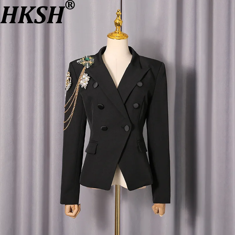 

HKSH Spring Autumn New Women's Blazer Double Breasted Waist Cinching Slim Fit Studded Diamonds Chain Elegant Trendy Coat HK15901