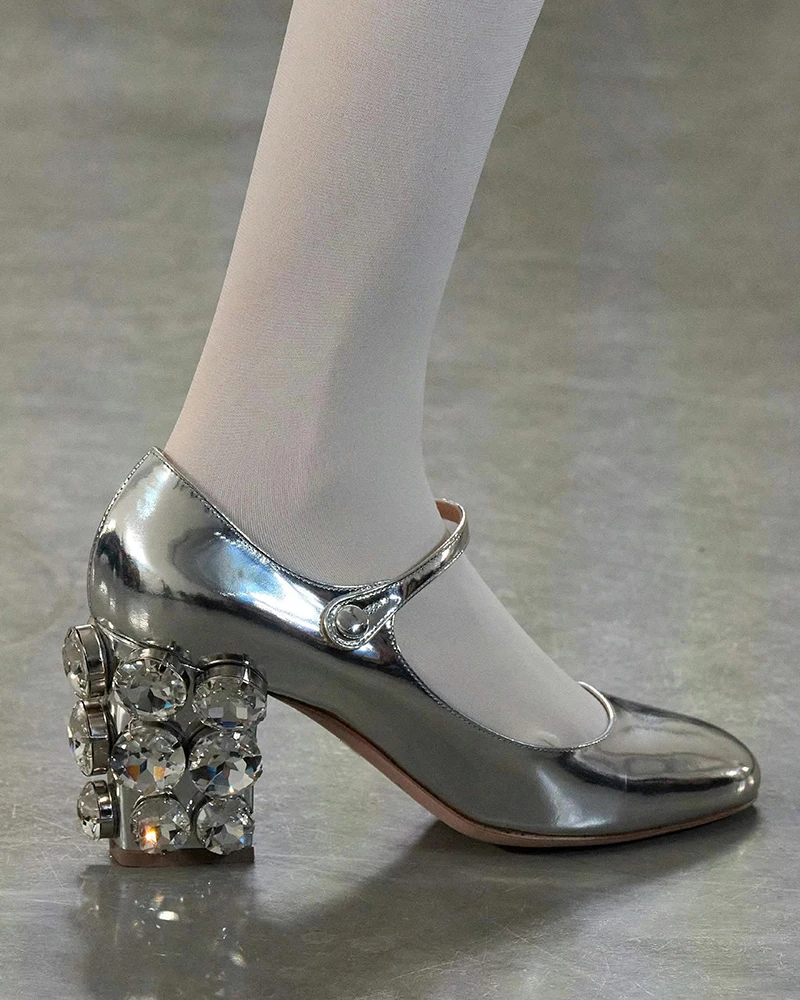 Mary Janes Silver Metallic Leather Round Crystal-Embellished Block Heel Roung Head Black Single Straps Women's Pumps Runway