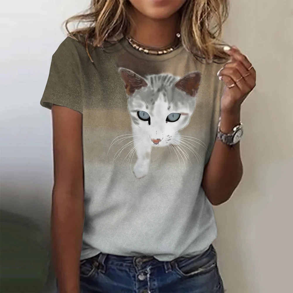 Lovely Cat Print Women O-Neck T-Shirts Kawaii Style Pullover Loose Short Sleeves Oversized Tee Shirt Summer Female Clothing 2024