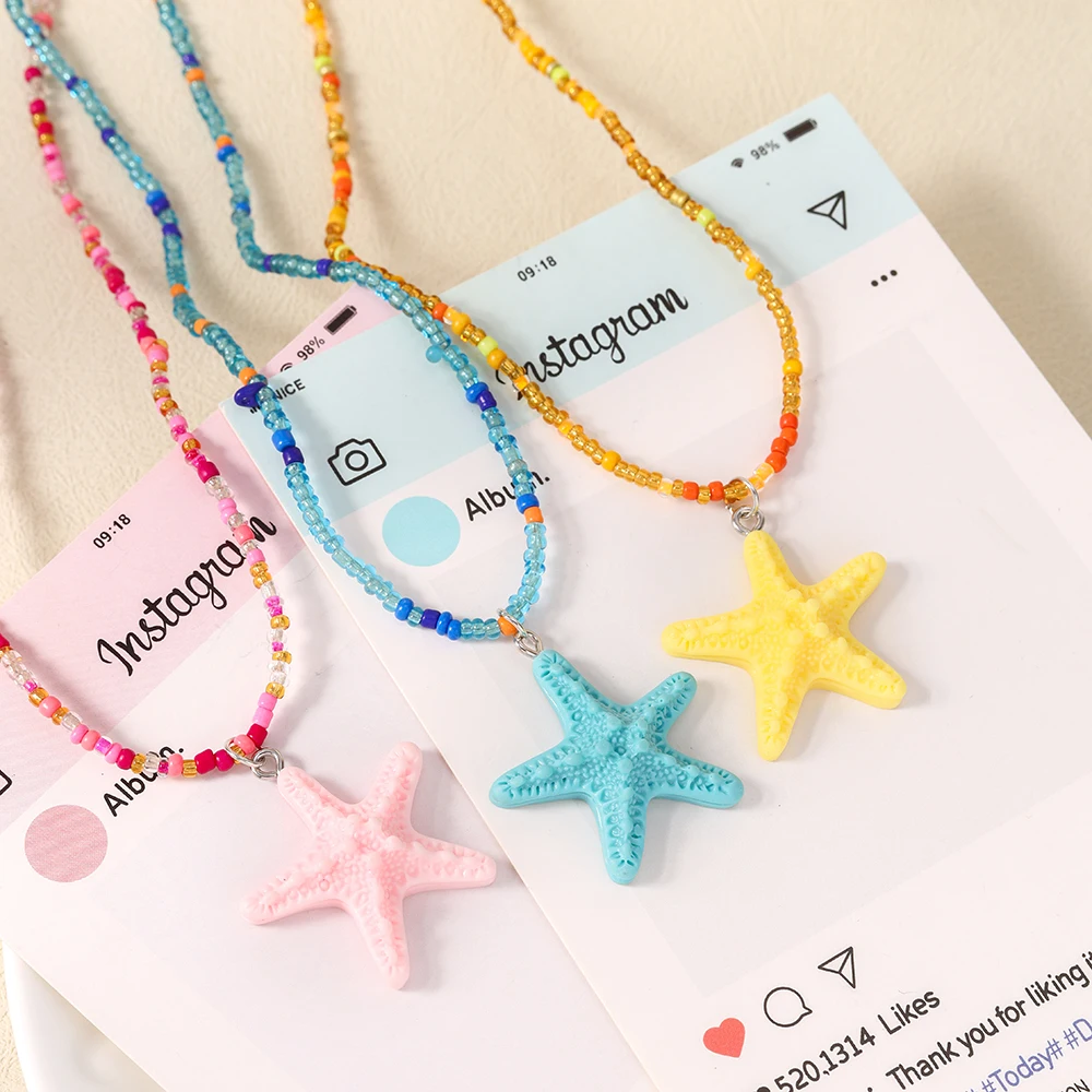 Aihua Neue Bunte Seestern-Halskette Handgefertigte Reisperlen-Halskette Modische Choker-Kette Sommer Strand Trendiger Urlaubsschmuck – Detail 4