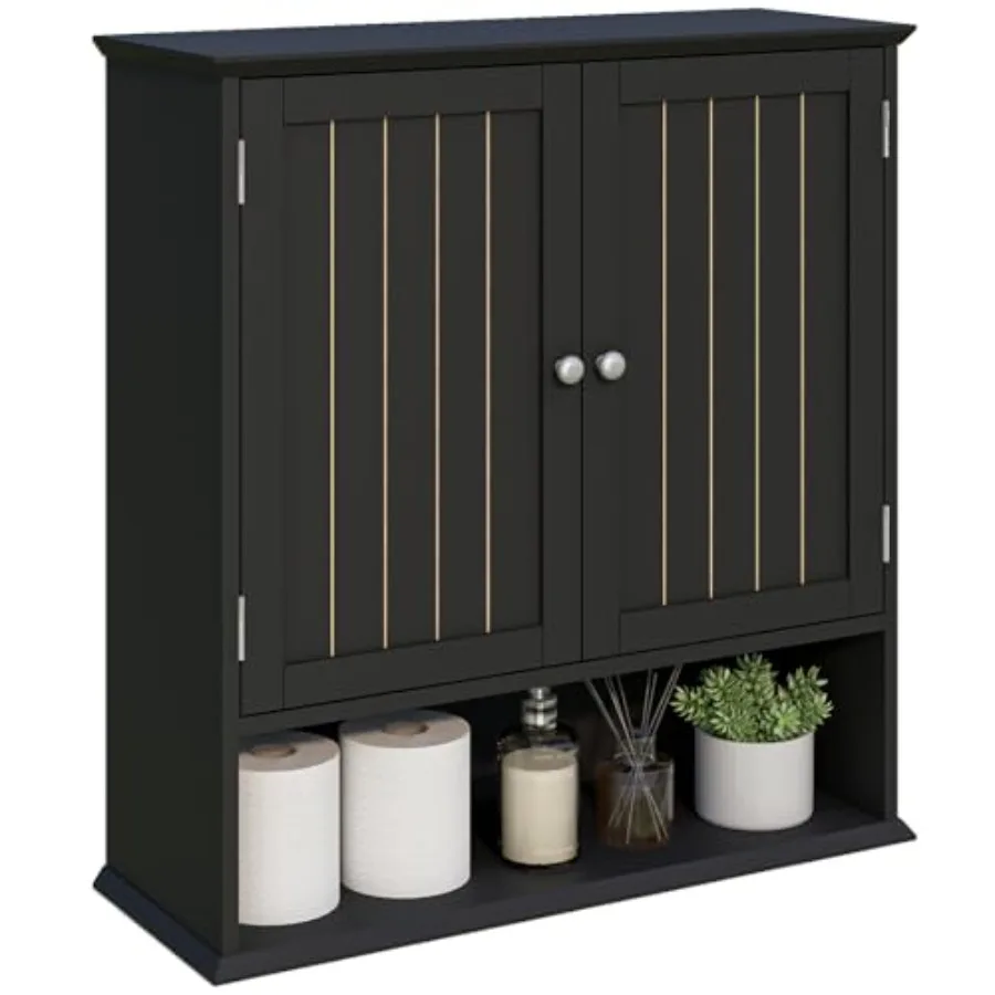 

Wall Cabinet with 2 Doors and Open Shelf Space Saving Medicine Cabinet Wooden Wall Mounted Storage Cupboard for Bathroom Organi